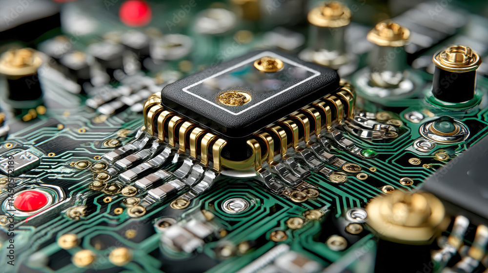 Poster high-detail view of a complex computer motherboard with various red and gold capacitors and a centra