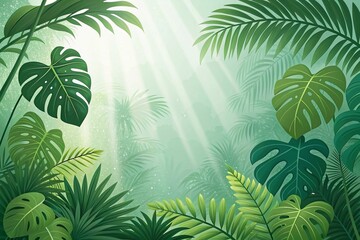 Illustration of lush green leaves of tropical plants (palms, monsters) with soft rays of light shining through them. Free space in the center or on the side.