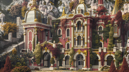 Fototapeta premium Rococo Architecture Reimagined with Cherry Red Spires and 2025 Color Accents