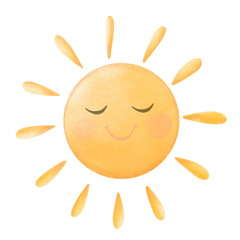 Fototapeta premium A fun watercolor sun with bright yellow rays and a warm glow. Hand painted in a playful, artistic style, perfect for summer themes, nursery decor or weather related illustrations.
