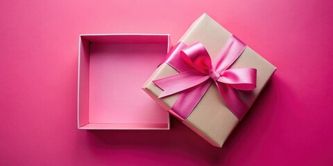 An open gift box with a pink ribbon on a vibrant pink background, revealing an empty interior space, ready for a special surprise.