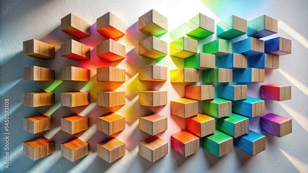 Poster colorful wooden blocks arranged in a geometric pattern with cast shadows on a white wall