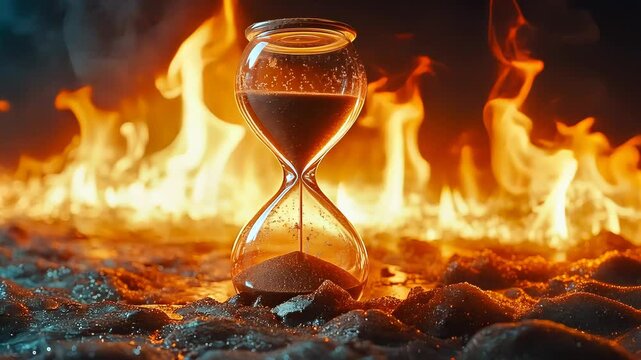 A shattered hourglass with sand spilling onto a dark surface. Symbolizes time, impermanence, and urgency