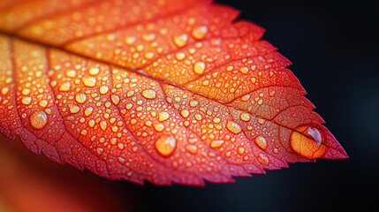 A close-up of a single, red leaf with water droplets