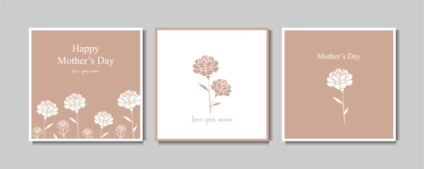 Minimalist Mother’s Day Greeting Card Set with Simple Beige Carnation Flower Illustrations and Elegant Typography Vector