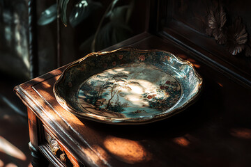Ornate decorative plate with landscape scene sitting on a dark wooden table in a dimly lit room