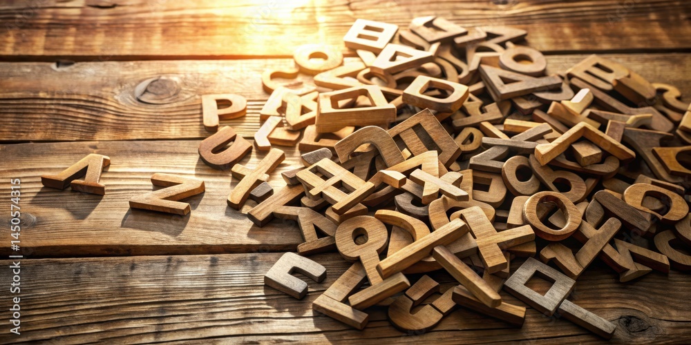 Poster a heap of wooden letters scattered on a rustic wood table, capturing the essence of storytelling and