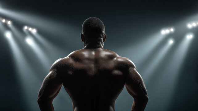 Muscular Man in Spotlight, Rear View — a detailed and modern 3D-style concept ideal for tech visuals, infographics, marketing materials, and futuristic digital presentations.