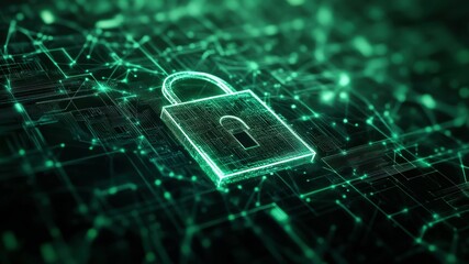 Digital lock on circuit background, cybersecurity concept