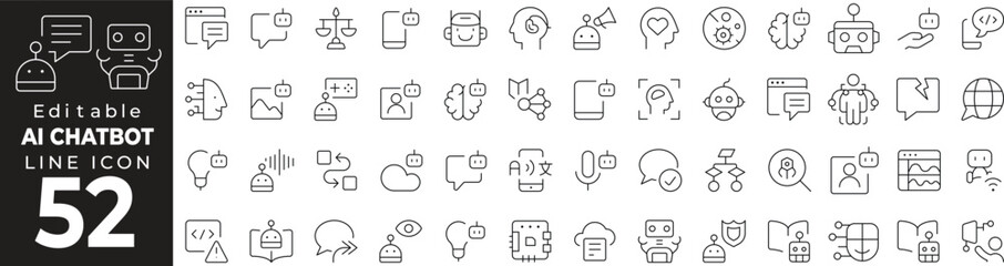 AI Chatbot Icon Set: A Line Icon Collection Featuring Artificial Intelligence, Automation, Chat, Support, and More