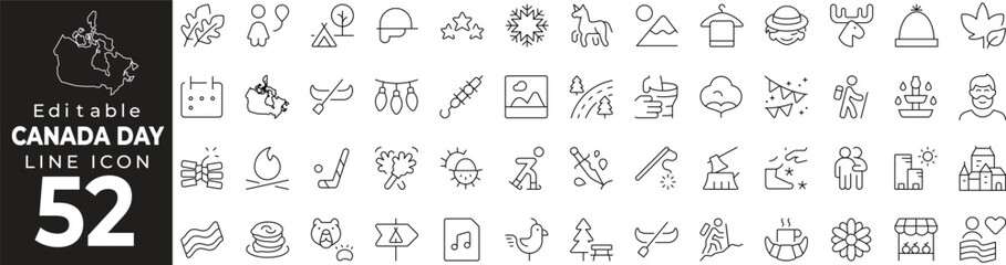 Canada Independence Day Icon Set: A Line Icon Collection Featuring Maple Leaf, National Pride, Fireworks, Celebration, and More