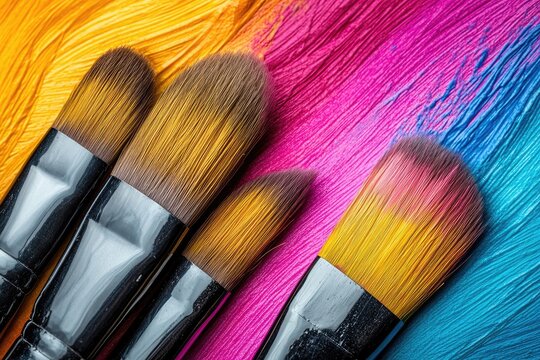 Colorful paintbrushes on a vibrant art palette.  Several paintbrushes, various sizes and shades, rest atop a colorful canvas of mixed acrylic paint.  The paint is smeared and textured