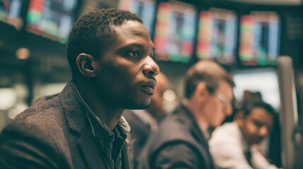 Focused african male adult at stock exchange with blurred colleagues and market screens