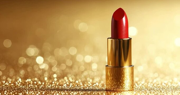 Red lipstick gold case glitter background