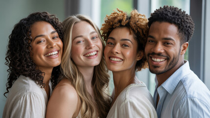 Fototapeta premium Multiracial individuals smiling warmly, radiating joy and connection in a vibrant, clean composition. 