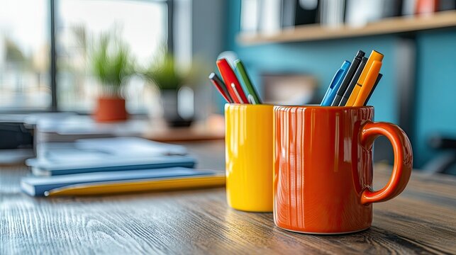 Lighthearted office productivity concept with funny files, oversized coffee mugs, and comically large pens for a playful take on the workspace