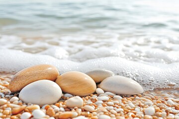 Smooth, colorful stones on a sandy beach, gently lapped by foamy ocean waves