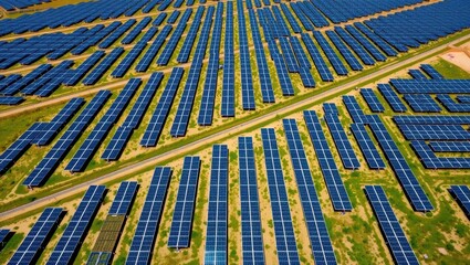 Aerial View of Extensive Solar Panel Installation on Open Ground in Bright Sunshine