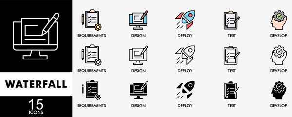 WATERFALL icon set with various styles and colors requirements, design, develop, test and deploy