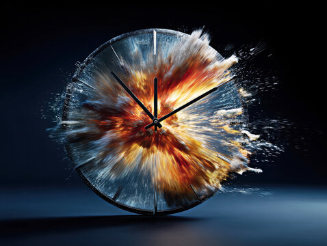 This dynamic image depicts a clock exploding into vibrant colors and textures, symbolizing the chaotic nature of time and the fleeting moments that shape our lives.