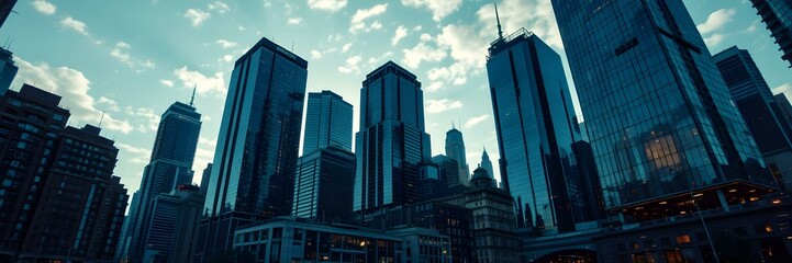 Skyline of Metropolis: A breathtaking wide-angle view showcases a futuristic cityscape, its towering skyscrapers reaching towards the heavens, reflecting modern architecture and urban development.