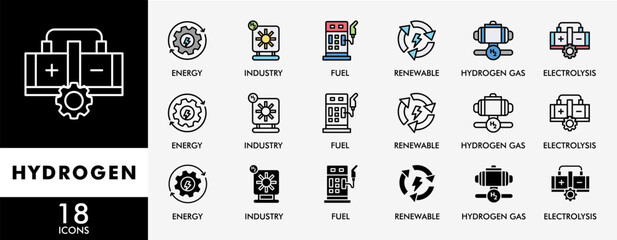 HYDROGEN icon set with various styles and colors energy, renewable, electrolysis, hydrogen gas, industry, fuel