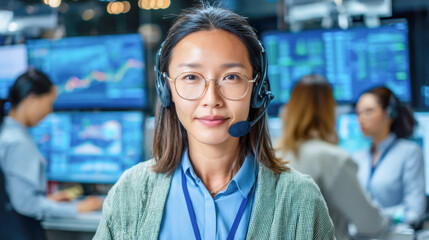 Asian female young adult in control room with headset and screens