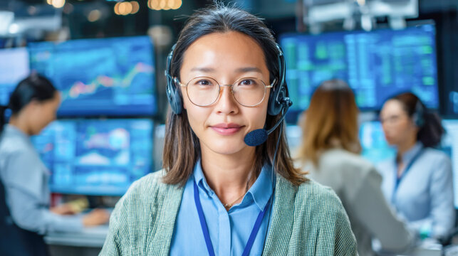 Asian female young adult in control room with headset and screens