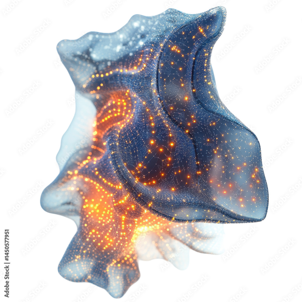  a self-learning ai algorithm visualized as an evolving organism with glowing parts. isolated on whit