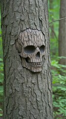 Fototapeta premium Wood skull embedded tree trunk, forest background.
