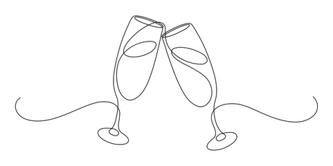 Two glasses of champagne. Continuous line drawing.