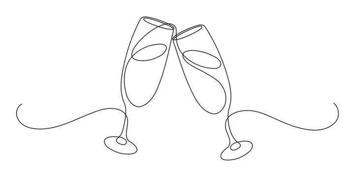 Two glasses of champagne. Continuous line drawing.