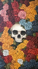Skull surrounded by multicolored roses.