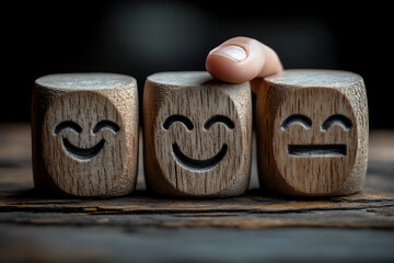 three wooden pieces depicting frustration, expectation, satisfaction