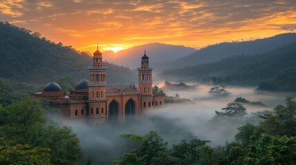 Obraz premium Mosque at sunrise, misty valley