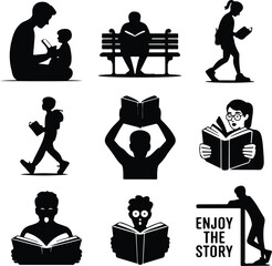 People Reading Book Silhouette Set | Study, Education, Knowledge Icon Pack Book Lover Silhouettes | Readers, Students, Learning Poses Vector