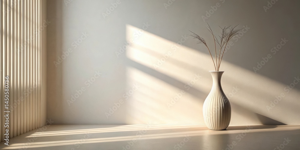 Poster a simple white vase with dried branches sits on a wooden table in front of a white wall with sunligh
