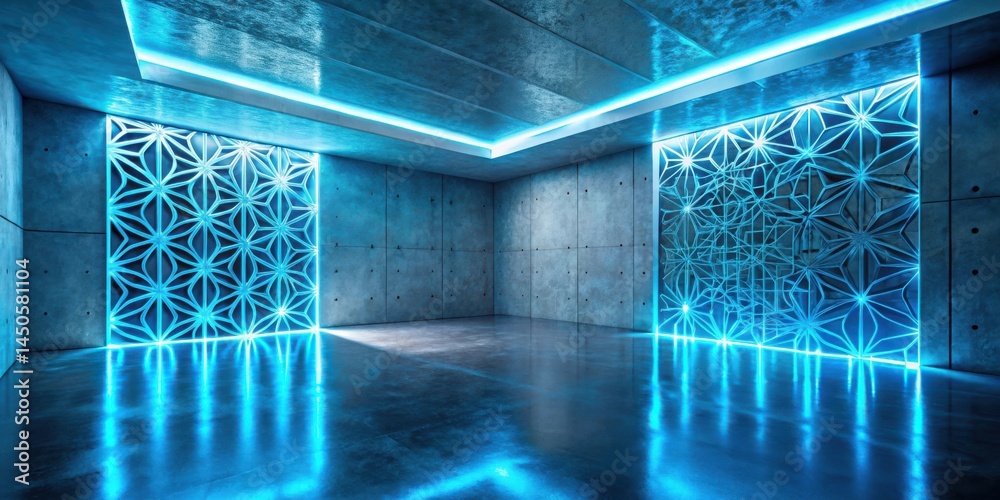Poster a futuristic, minimalist concrete room with blue neon lights illuminating geometric patterns on the 