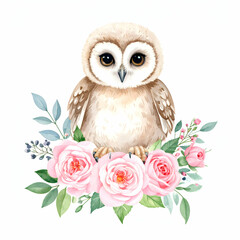 Obraz premium A Curious Owl Amidst Floral Embrace: This watercolor illustration depicts a charming owl perched amidst a delicate arrangement of pink roses and green leaves, evoking a sense of whimsical wonder.