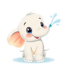 Adorable Baby Elephant Cartoon Illustration Spraying Water Joyful Playful Fun Character Design