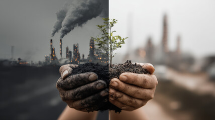 Pollution and hope concept with seedling in soil — a detailed and modern 3D-style concept ideal for tech visuals, infographics, marketing materials, and futuristic digital presentations.