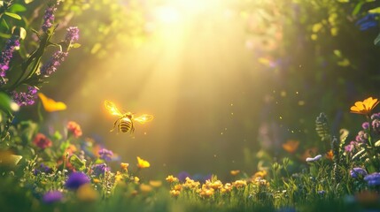 Golden bee flies through sunlit meadow of wildflowers.