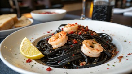 Gourmet Black Squid Ink Pasta with Shrimp, Red Chili and Lemon Wedge
