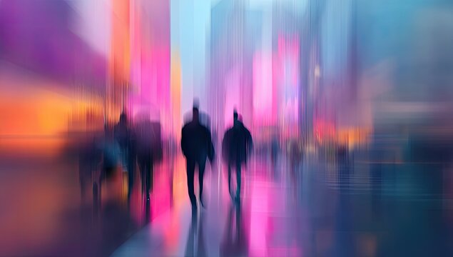Blurry figures walk a city street at night, vibrant neon lights reflecting on wet pavement
