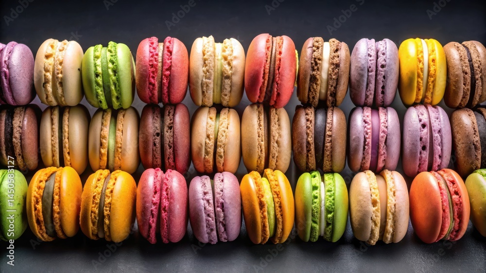 Poster A vibrant display of colorful macarons arranged in rows, showcasing a delightful assortment of flavors and textures.
