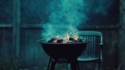 Charcoal grill with teal smoke and orange flames