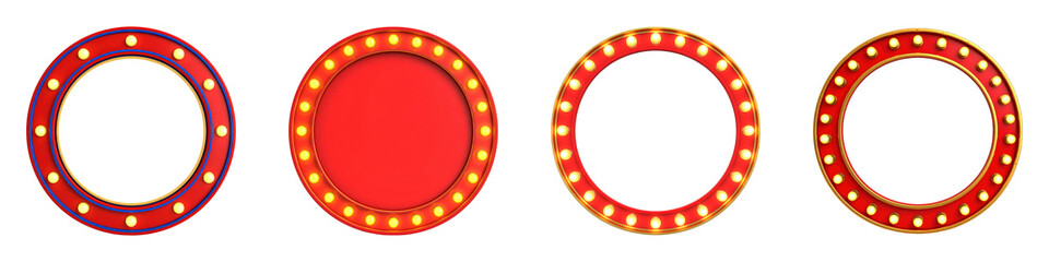 Naklejka premium Four colorful circular frames with light bulb accents in a row.