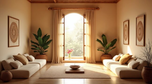 Minimal Sacred Space with Brass Lamps and Polished Stone Textures