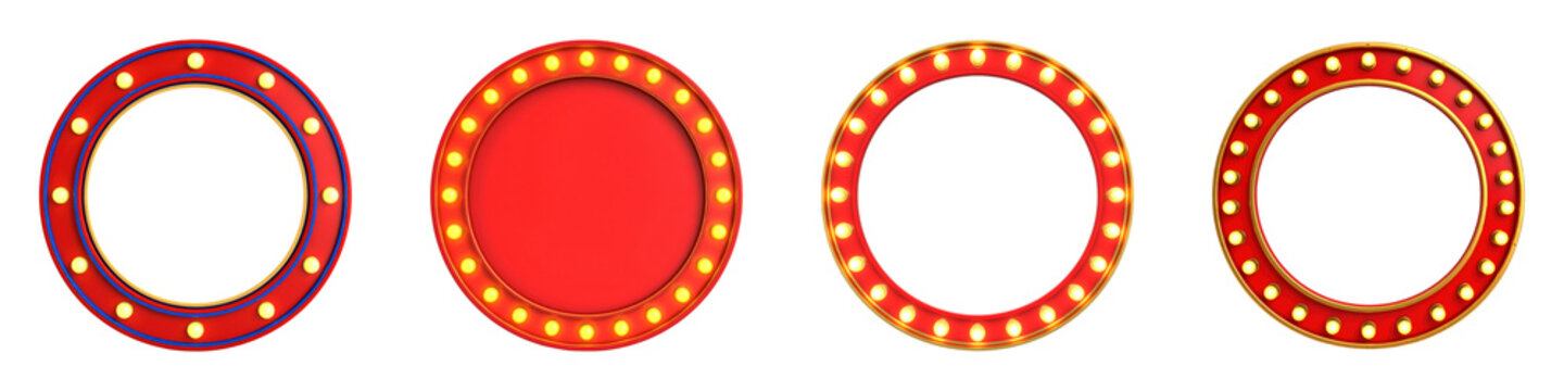 Four colorful circular frames with light bulb accents in a row.