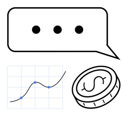 Speech bubble with dots, a coin with a dollar sign, and a graph icon with data points. Ideal for finance, business strategies, communication, statistics, investments, economic growth simple landing